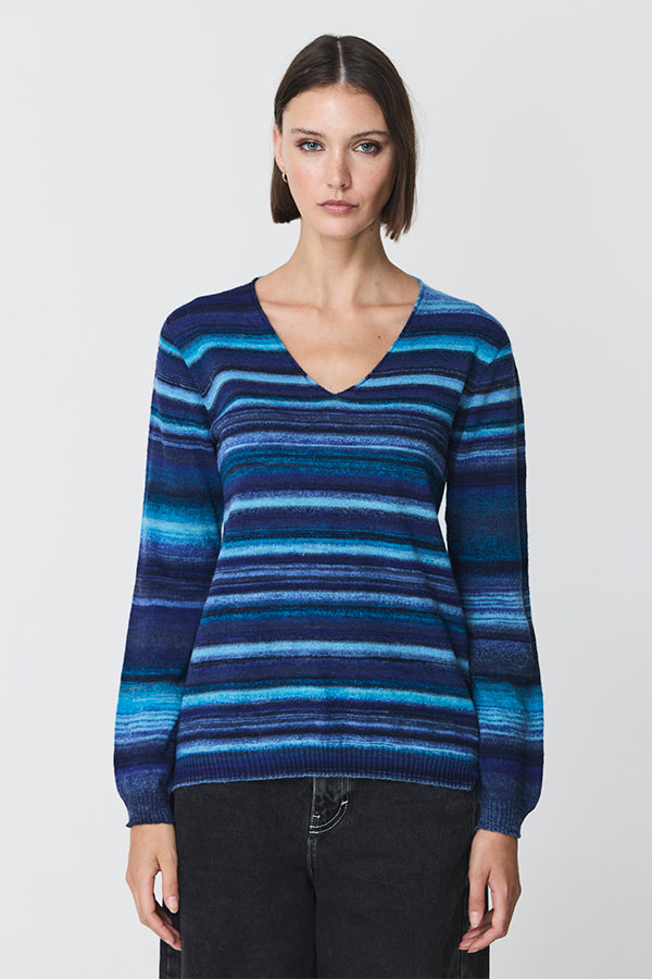 BLUE STRIPED V-NECK SWEATER