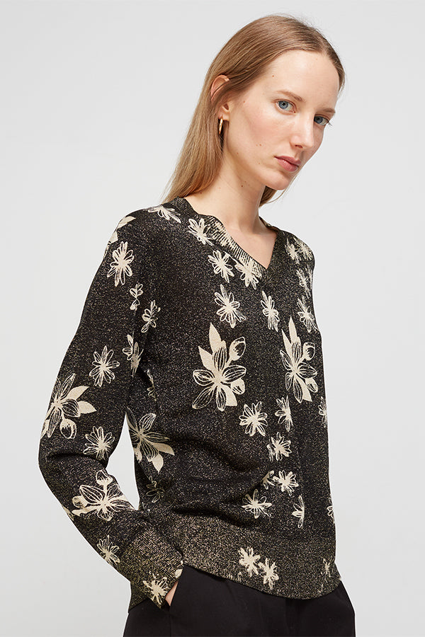 LUREX V-NECK FLORAL PRINT SWEATER