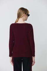 RIBBED DETAILS BURGUNDY BOAT NECK SWEATER