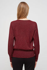 OPENWORK LUREX V-NECK BURGUNDY SWEATER