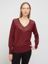 OPENWORK LUREX V-NECK BURGUNDY SWEATER