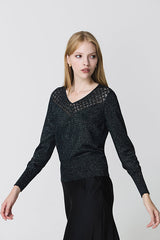 OPENWORK LUREX V-NECK BLACK SWEATER