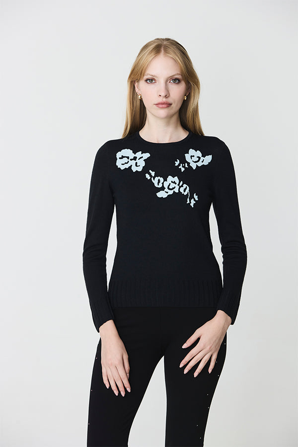 FLORAL FLOCKING BLACK CREWNECK SWEATER