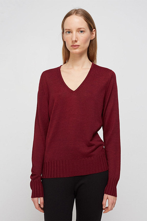 BASIC WIDE RIB BURGUNDY V-NECK SWEATER