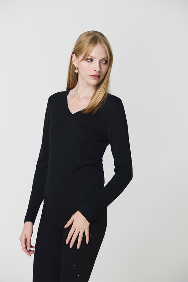 BASIC WIDE RIB BLACK V-NECK SWEATER