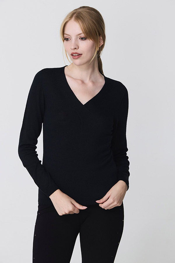 CROSSED V-NECK BLACK SWEATER