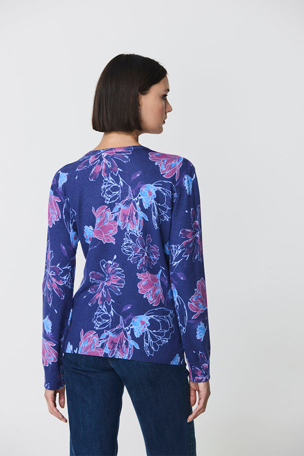 BLUE FLORAL PRINT V-NECK SWEATER