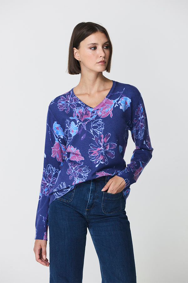 BLUE FLORAL PRINT V-NECK SWEATER