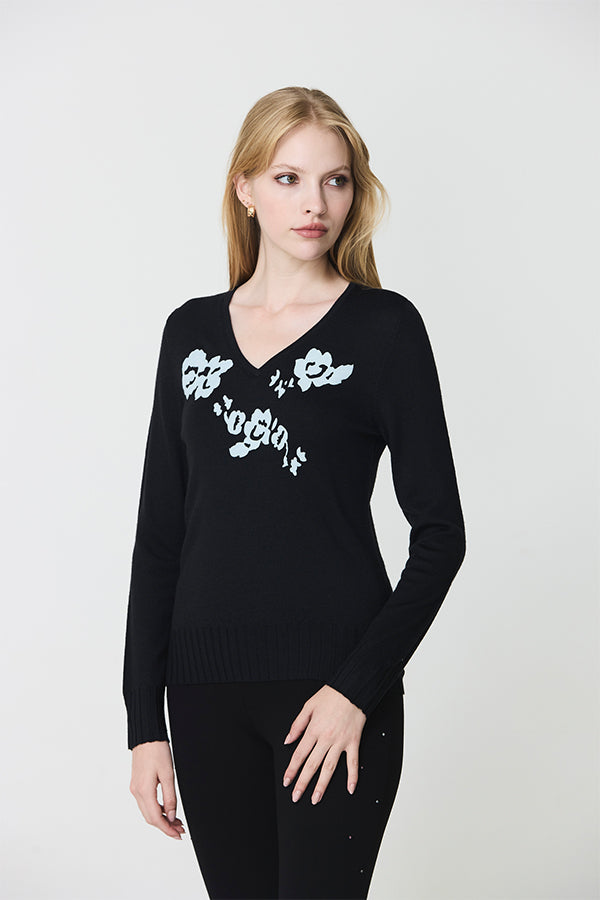 FLORAL FLOCKING BLACK V-NECK SWEATER