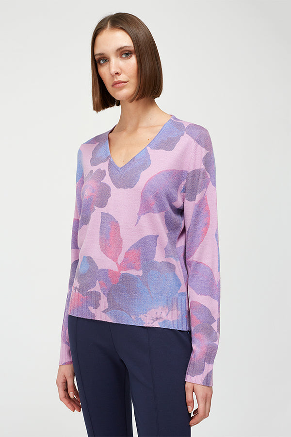 LILAC FLORAL PRINT V-NECK SWEATER