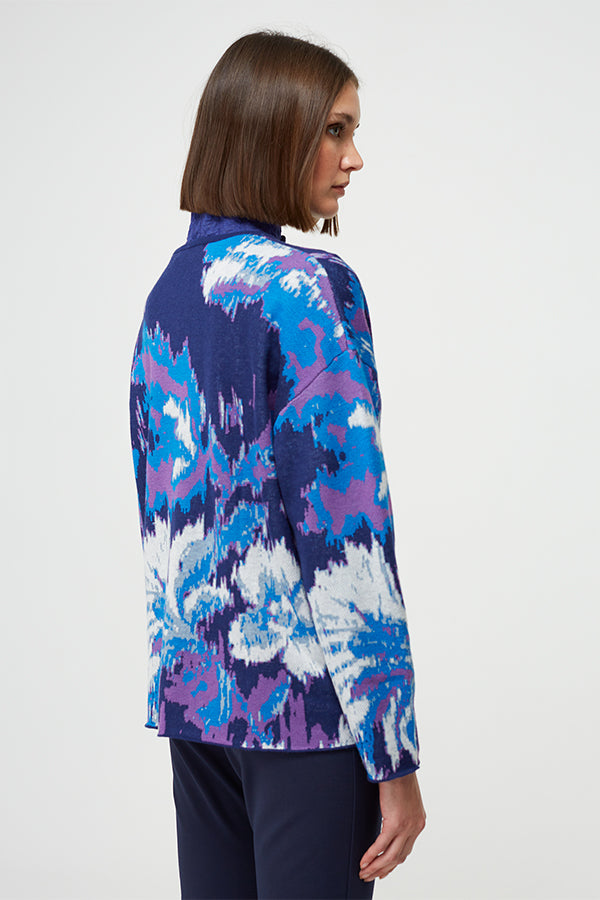 BLUE JACQUARD FLOWERS CARDIGAN