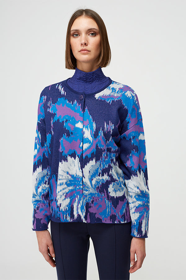 BLUE JACQUARD FLOWERS CARDIGAN