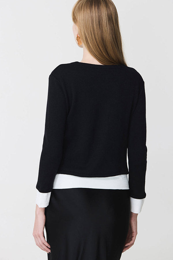 HEM DETAIL BLACK BI-MATERIAL V-NECK SWEATER