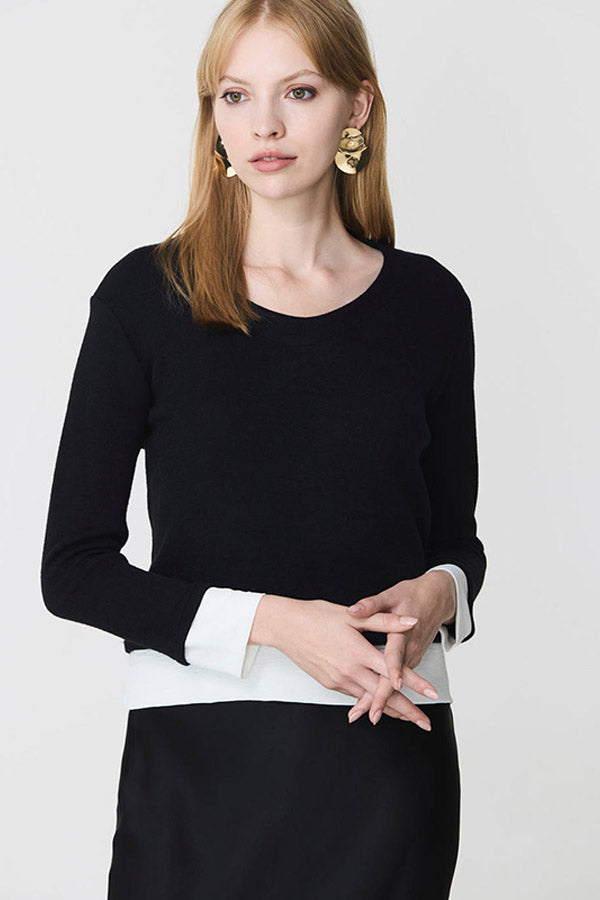 HEM DETAIL BLACK BI-MATERIAL V-NECK SWEATER