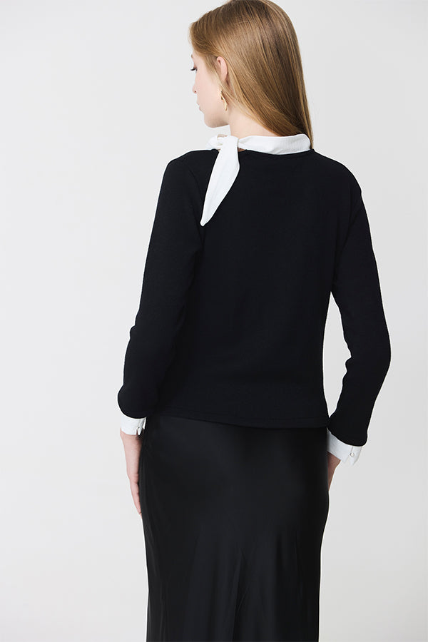 KNOT DETAIL BLACK BI-MATERIAL SWEATER