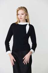 KNOT DETAIL BLACK BI-MATERIAL SWEATER