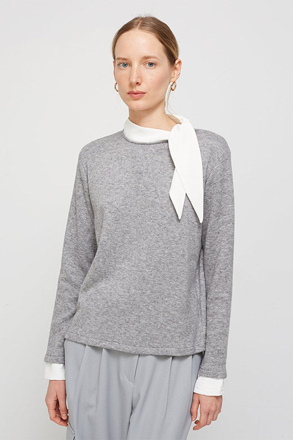 KNOT DETAIL GREY BI-MATERIAL SWEATER