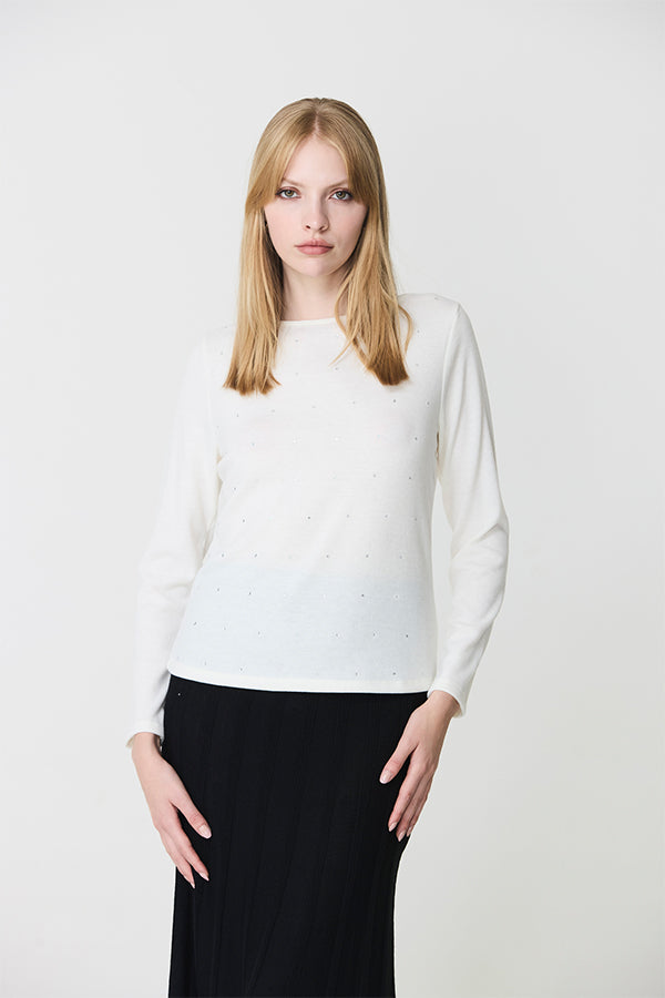 WHITE HOTFIX DETAIL BOATNECK T-SHIRT