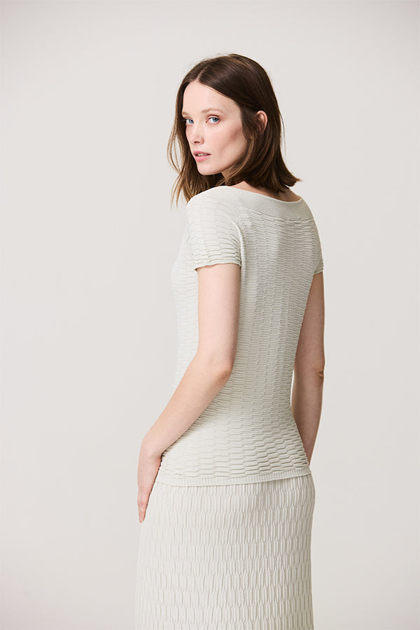 WHITE TEXTURED BOATNECK BASIC SWEATER