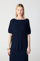 NAVY TEXTURED BOATNECK LOOSE BASIC SWEATER