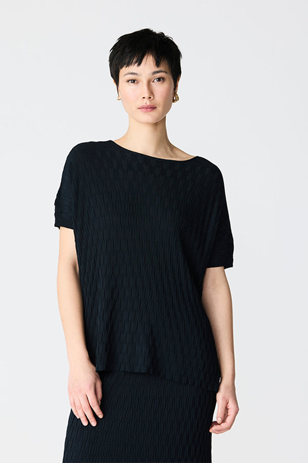 BLACK TEXTURED BOATNECK LOOSE BASIC SWEATER