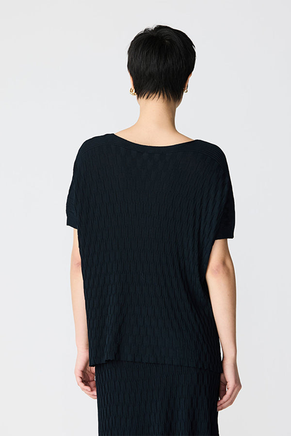 BLACK TEXTURED BOATNECK LOOSE BASIC SWEATER