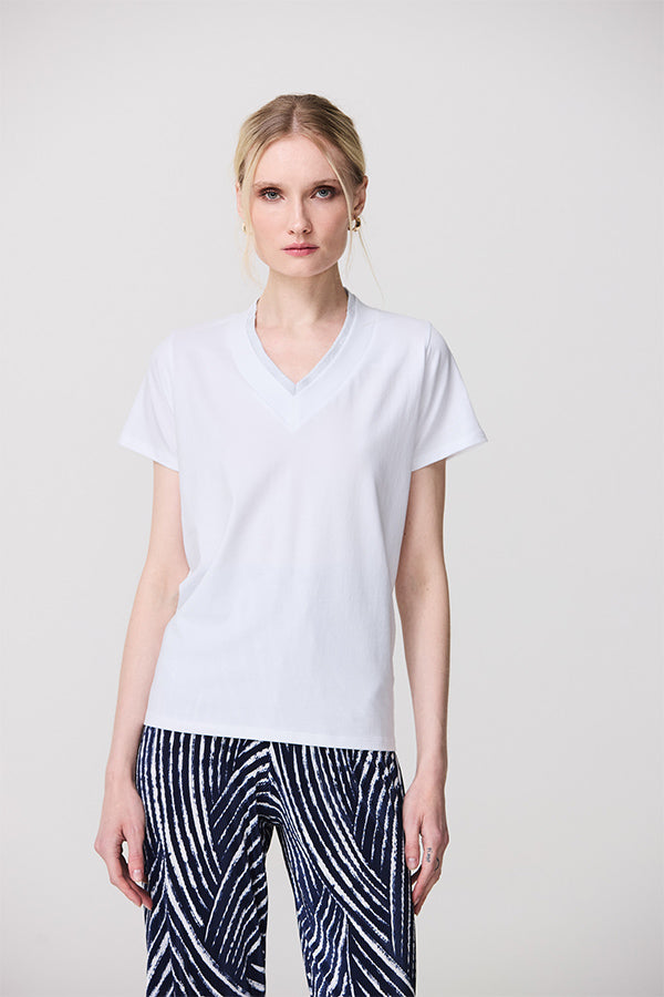 WHITE SILVER DETAIL DOUBLE V-NECK T-SHIRT