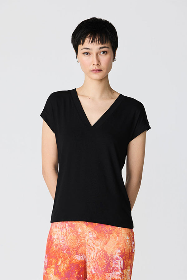 BLACK DROPPED SLEEVE V-NECK BASIC T-SHIRT