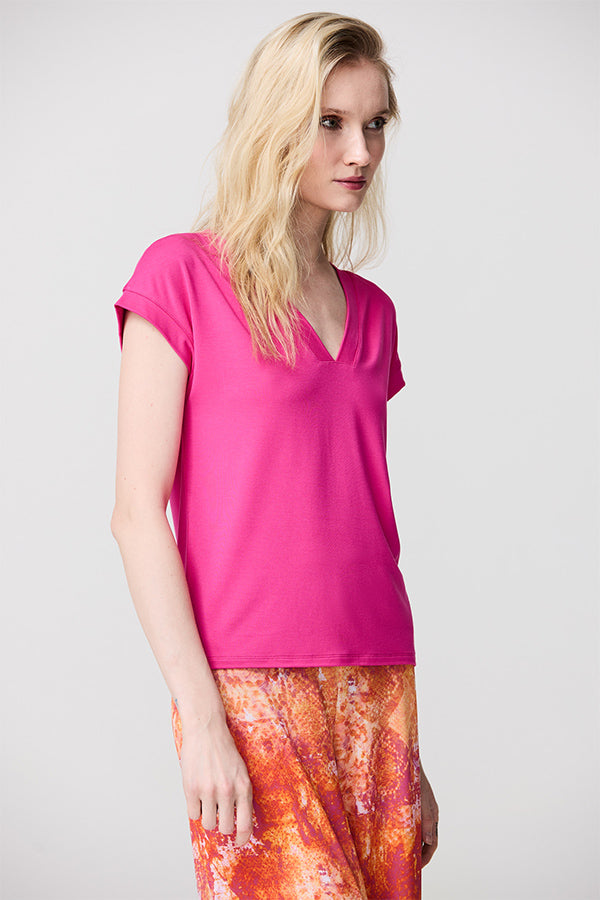 PINK DROPPED SLEEVE V-NECK BASIC T-SHIRT