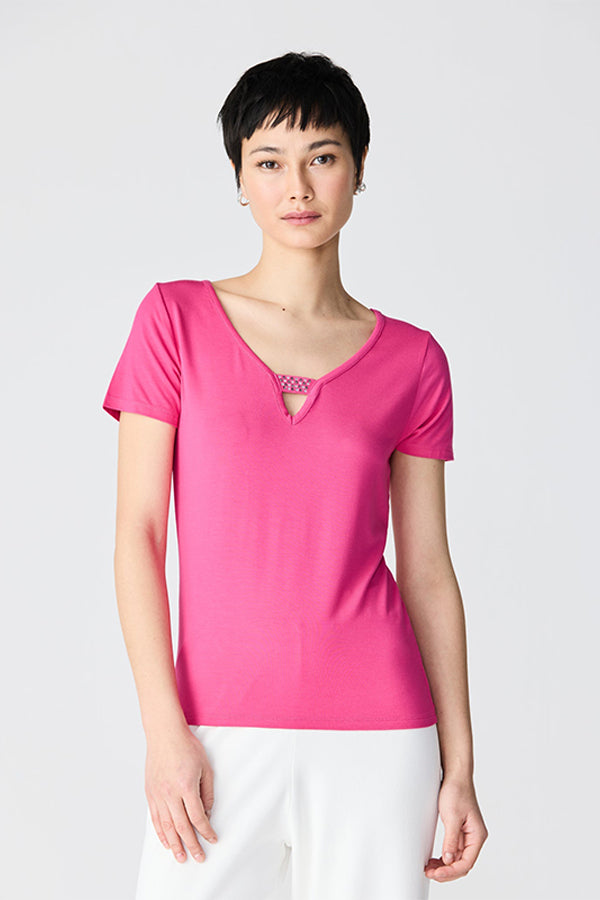 PINK RHINESTONE CHAIN V-NECK T-SHIRT