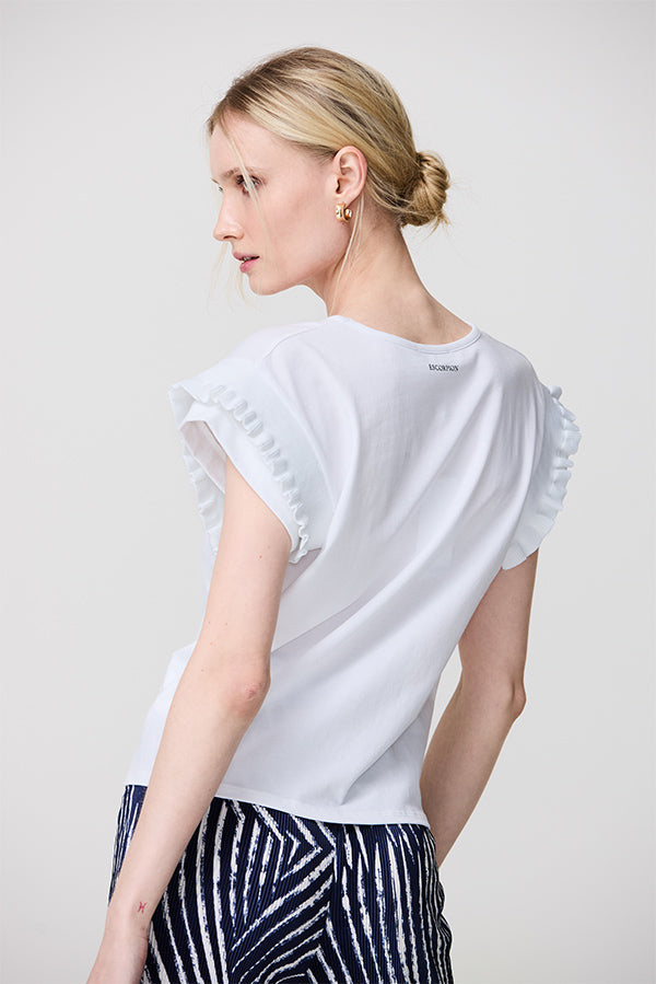 RUFFLED ROUND NECK WHITE T-SHIRT