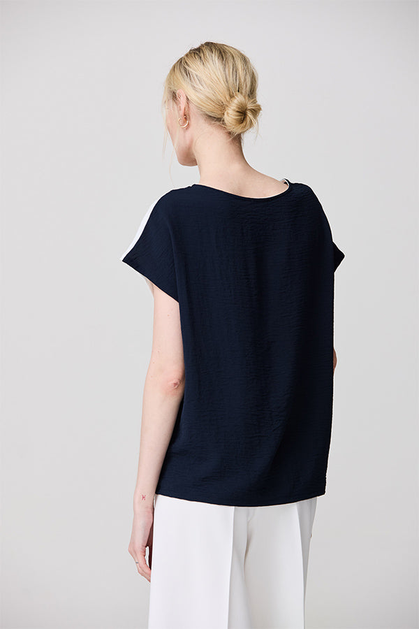 NAVY WHITE ASYMMETRICAL BICOLOR BLOUSE