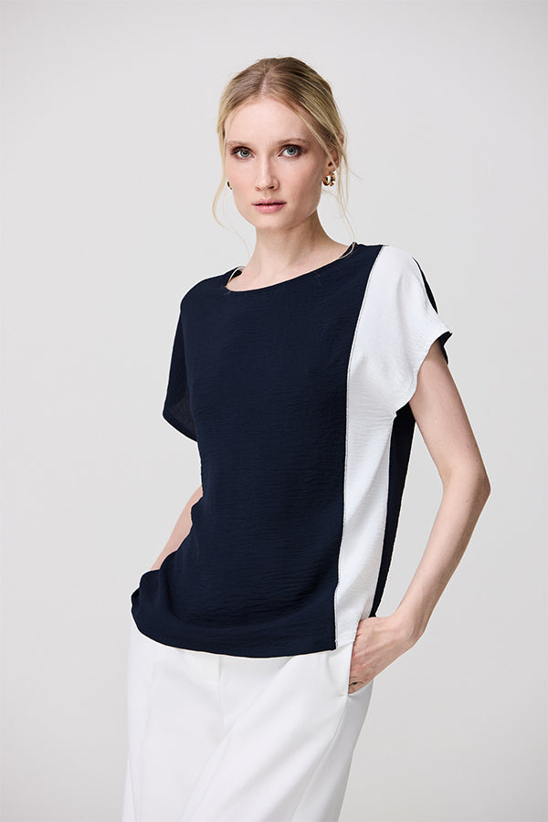 NAVY WHITE ASYMMETRICAL BICOLOR BLOUSE