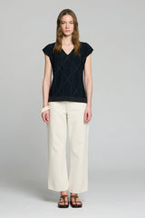BLACK GEOMETRIC V-NECK LUREX SWEATER