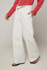 ECRU HIGH-WAISTED WIDE-LEG COTTON TROUSERS