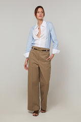 DARK BEIGE HIGH-WAISTED WIDE-LEG COTTON TROUSERS