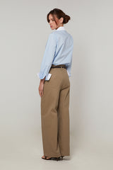 DARK BEIGE HIGH-WAISTED WIDE-LEG COTTON TROUSERS