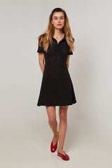BLACK SHORT FLARED OPENWORK KNIT DRESS