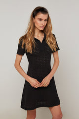 BLACK SHORT FLARED OPENWORK KNIT DRESS