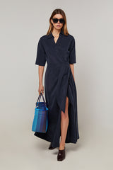 DENIM BLUE SHORT SLEEVES LONG WRAP DRESS