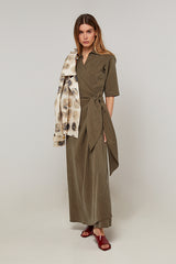 KHAKI SHORT SLEEVES LONG WRAP DRESS