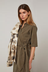 KHAKI SHORT SLEEVES LONG WRAP DRESS