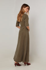 KHAKI SHORT SLEEVES LONG WRAP DRESS