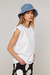 WHITE EMBELLISHED SHOULDER PADS SLEEVELESS T-SHIRT