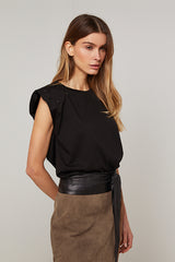 BLACK EMBELLISHED SHOULDER PADS SLEEVELESS T-SHIRT