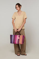 BEIGE SHORT-SLEEVE V-NECK COTTON SILK T-SHIRT