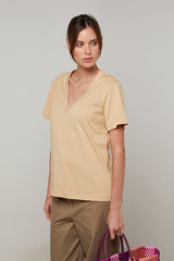 BEIGE SHORT-SLEEVE V-NECK COTTON SILK T-SHIRT