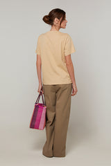 BEIGE SHORT-SLEEVE V-NECK COTTON SILK T-SHIRT