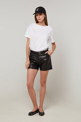 WHITE ROUND-NECK SHORT-SLEEVE COTTON SILK T-SHIRT