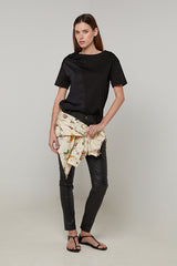 BLACK ROUND-NECK SHORT-SLEEVE COTTON SILK T-SHIRT
